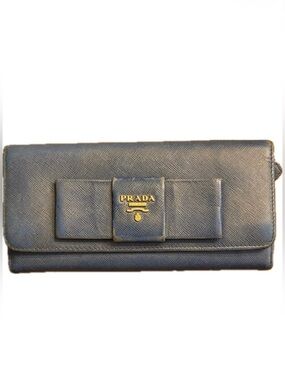 REHAB PROJECT Prada Saffiano Bow Continental Blue Leather Zip Around Wallet